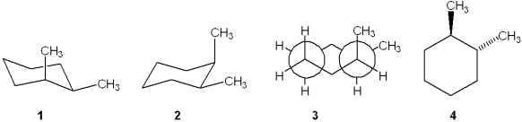 <strong>Which one of the following structures represents a different compound from the other three? </strong> A)1 B)2 C)3 D)4