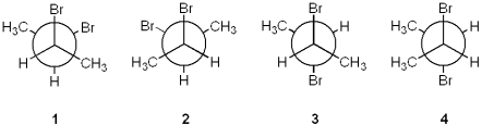 <strong>Which of the following Newman projections represents (2R,3R)-dibromobutane? </strong> A)1 B)2 C)3 D)4
