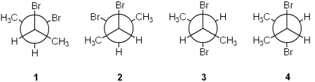 <strong>Which of the following Newman projections represents meso-2,3-dibromobutane? </strong> A)1 B)2 C)3 D)4