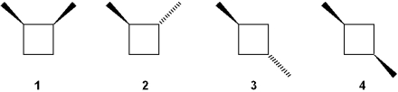 <strong>Which of the following structures has a center of symmetry (i.e., center of inversion)? </strong> A)1 B)2 C)3 D)4