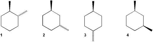 <strong>Which of the following structures have a plane of symmetry? </strong> A)only 1 and 2 B)only 2 and 4 C)only 3 and 4 D)1, 2, 3 and 4