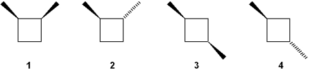 <strong>Which of the following structures does not have a plane of symmetry? </strong> A)only 2 B)only 1 and 2 C)only 3 and 4 D)only 1, 2 and 4
