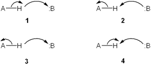 <strong>Which set of curved arrows accounts for the deprotonation of an acid (A-H) by a base (:B)? </strong> A)1 B)2 C)3 D)4