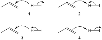 <strong>Which sets of curved arrows accounts for the protonation of propene with HI? </strong> A)1 B)2 C)3 D)4