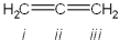 <strong>What is the hybridization of carbon atoms labeled i - iii in the following structure? </strong> A)i = sp; ii = sp; iii = sp B)i = sp<sup>2</sup>; ii = p; iii = sp<sup>2</sup> C)i = sp<sup>2</sup>; ii = sp; iii = sp<sup>2</sup> D)i = sp<sup>2</sup>; ii = sp<sup>2</sup>; iii = sp<sup>2</sup>