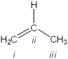 <strong>What is the hybridization of carbon atoms labeled i - iii in the following structure? </strong> A)i = sp<sup>2</sup>; ii = sp<sup>2</sup>; iii = sp<sup>2</sup> B)i = sp; ii = sp; iii = sp<sup>3</sup> C)i = sp<sup>2</sup>; ii = sp; iii = sp<sup>3</sup> D)i = sp<sup>2</sup>; ii = sp<sup>2</sup>; iii = sp<sup>3</sup>