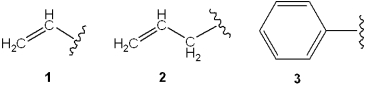<strong>Which is the correct assignment of the names of the following groups? </strong> A)1 = methylene; 2 = vinyl; 3 = phenyl B)1 = vinyl; 2 = propargyl; 3 = benzyl C)1 = allyl; 2 = vinyl; 3 = benzyl D)1 = vinyl; 2 = allyl; 3 = phenyl