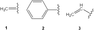 <strong>Which is the correct assignment of the names of the following groups? </strong> A)1 = vinyl; 2 = benzyl; 3 = allyl B)1 = allyl; 2 = phenyl; 3 = vinyl C)1 = methylene; 2 = phenyl; 3 = vinyl D)1 = methylene; 2 = benzyl; 3 = allyl
