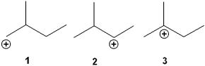 <strong>What is the correct order of stability of the following carbocations (more stable > less stable)? </strong> A)1 > 2 > 3 B)1 > 3 > 2 C)3 > 1 > 2 D)3 > 2 > 1