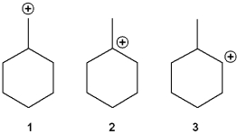 <strong>What is the correct order of stability of the following carbocations (more stable > less stable)? </strong> A)1 > 2 > 3 B)2 > 1 > 3 C)2 > 3 > 1 D)3 > 2 > 1