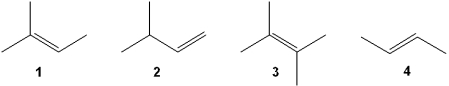 <strong>Which of the following alkenes is most likely to undergo rearrangement upon acid-catalyzed hydration (treatment with aqueous H<sub>2</sub>SO<sub>4</sub>)? </strong> A)1 B)2 C)3 D)4