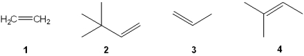 <strong>Which of the following alkenes is most likely to undergo rearrangement upon acid-catalyzed hydration (treatment with aqueous H<sub>2</sub>SO<sub>4</sub>)? </strong> A)1 B)2 C)3 D)4