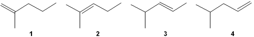 <strong>Which of the following alkenes undergoes the most exothermic hydrogenation upon treatment with H<sub>2</sub>/Pd? </strong> A)1 B)2 C)3 D)4