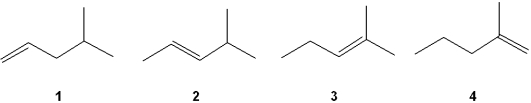 <strong>Which of the following alkenes undergoes the least exothermic hydrogenation upon treatment with H<sub>2</sub>/Pd? </strong> A)1 B)2 C)3 D)4