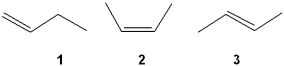 <strong>What is the correct order of exothermicity for hydrogenation of the following butenes upon treatment with H<sub>2</sub>/Pd (more exothermic > less exothermic)? </strong> A)1 > 2 > 3 B)1 > 3 > 2 C)3 > 2 > 1 D)2 > 3 > 1