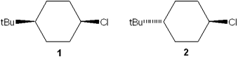 <strong>Which of the following statements is true regarding the reactivity of 1 and 2 with potassium tert-butoxide? </strong> A)1 reacts faster than 2 B)1 and 2 give different dehydrochlorinated products C)2 reacts by elimination whereas 1 reacts by substitution D)1 reacts by elimination whereas 2 reacts by substitution
