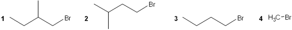 <strong>Which of the following alkyl bromides reacts the slowest with NaSCH<sub>3</sub> in DMF? </strong> A)1 B)2 C)3 D)4