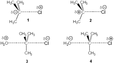 <strong>Which of the following represents the transition state of the rate-determining step in the S<sub>N</sub>1 reaction between tert-butyl chloride and water? </strong> A)1 B)2 C)3 D)4