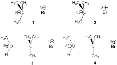 <strong>Which of the following represents the transition state of the rate-determining step in the reaction between tert-butyl bromide and methanol? </strong> A)1 B)2 C)3 D)4