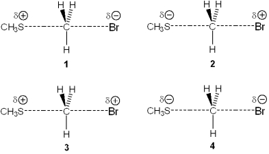 <strong>Which of the following represents the transition state of the reaction between methyl bromide and sodium methylthiolate, NaSCH<sub>3</sub>? </strong> A)1 B)2 C)3 D)4
