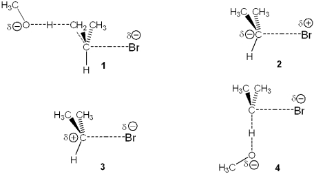<strong>Which of the following represents the transition state of the rate-determining step in the reaction between 2-bromopropane and sodium methoxide leading to elimination? </strong> A)1 B)2 C)3 D)4