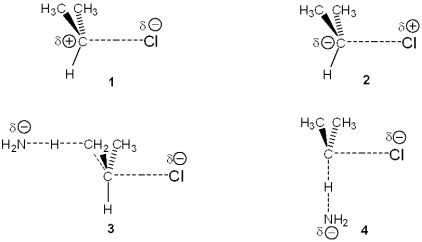 <strong>Which of the following represents the transition state of the rate-determining step in the reaction between 2-chloropropane and sodium amide leading to elimination? </strong> A)1 B)2 C)3 D)4