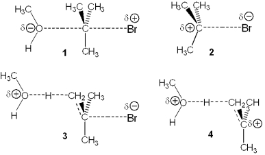 <strong>Which of the following represents the transition state of the rate-determining step in the reaction between tert-butyl bromide and methanol leading to elimination? </strong> A)1 B)2 C)3 D)4