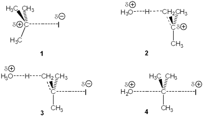 <strong>Which of the following represents the transition state of the rate-determining step in the reaction between tert-butyl iodide and water leading to elimination? </strong> A)1 B)2 C)3 D)4