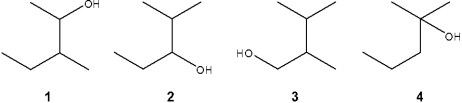 <strong>Which of the following is/are primary (1<sup> \circ </sup>) alcohols? </strong> A)only 1 B)only 3 C)only 1 and 3 D)only 2, 3, and 4