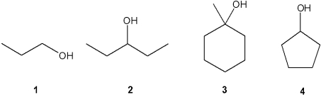 <strong>Which of the following alcohols undergoes the most rapid dehydration upon treatment with H<sub>2</sub>SO<sub>4</sub> to give an alkene? </strong> A)1 B)2 C)3 D)4
