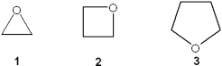 <strong>What is the correct assignment of the names of the following ethers? </strong> A)1 = oxirane; 2 = oxetane; 3= oxolane B)1 = oxetane; 2 = oxirane; 3= oxane C)1 = oxane; 2 = oxetane; 3= dioxane D)1 = oxirane; 2 = oxolane; 3= oxetane