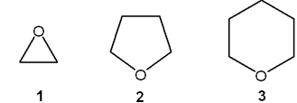 <strong>What is the correct assignment of the names of the following ethers? </strong> A)1 = oxirane; 2 = oxetane; 3 = oxane B)1 = oxirane; 2 = oxitane; 3 = oxane C)1 = oxane; 2 = dioxane; 3 = oxetane D)1 = oxirane; 2 = oxolane; 3 = oxane