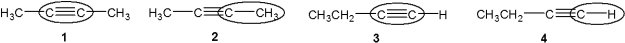 <strong>Which of the following bonds (circled) gives a very weak or no stretching absorption in the infrared spectrum? </strong> A)1 B)2 C)3 D)4