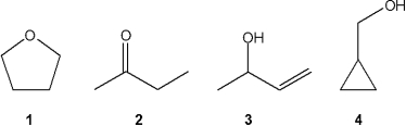 <strong>Which of the following compounds gives an infrared spectrum with peaks at 1000-1250 cm<sup>-</sup><sup>1</sup> (strong), but does not have peaks at 3200-3650 or 1630-1820 cm<sup>-</sup><sup>1</sup> (sharp, weak peak)? </strong> A)1 B)2 C)3 D)4