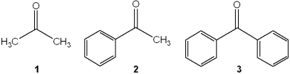 <strong>What is the correct assignment of the names of the following ketones? </strong> A)1 = acetone; 2 = phenol; 3 = benzaldehyde B)1 = acetone; 2 = acetophenone; 3 = benzophenone C)1 = formaldehyde; 2 = benzaldehyde; 3 = acetophenone D)1 = acetaldehyde; 2 = acetophenone; 3 = benzaldehyde