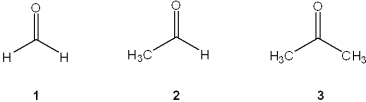 <strong>What is the correct assignment of the names of the following aldehydes and ketones? </strong> A)1 = acetone; 2 = acetaldehyde; 3 = formaldehyde B)1 = acetaldehyde; 2 = acetophenone; 3 = benzophenone C)1 = formaldehyde; 2 = acetaldehyde; 3 = acetone D)1 = acetaldehyde; 2 = acetone; 3 = acetophenone