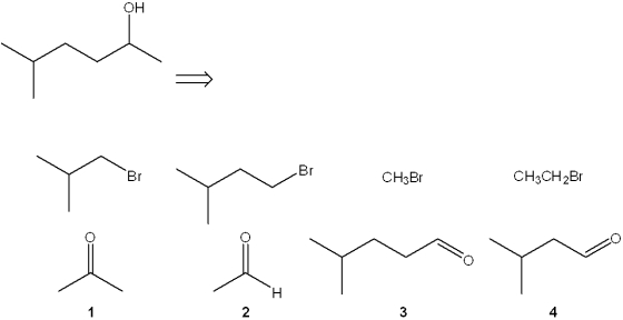 <strong>Which combination(s) of alkyl bromide and carbonyl compound can be used to prepare the following product by addition of the Grignard reagent derived from the alkyl bromide to the carbonyl compound? </strong> A)only 1 B)only 3 C)only 1 and 4 D)only 2 and 3