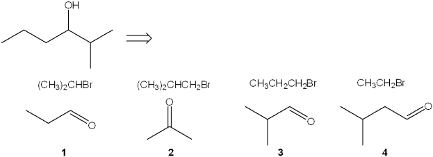 <strong>Which combination(s) of alkyl bromide and carbonyl compound can be used to prepare the following product by addition of the Grignard reagent derived from the alkyl bromide to the carbonyl compound? </strong> A)only 1 B)only 3 C)only 1 and 3 D)only 2 and 4