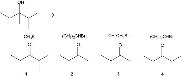 <strong>Which combination(s) of alkyl bromide and carbonyl compound can be used to prepare the following product by addition of the Grignard reagent derived from the alkyl bromide to the carbonyl compound? </strong> A)only 1 and 2 B)only 3 and 4 C)only 2 and 3 D)only 1, 2 and 3