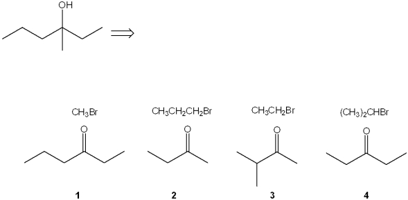 <strong>Which combination(s) of alkyl bromide and carbonyl compound can be used to prepare the following product by addition of the Grignard reagent derived from the alkyl bromide to the carbonyl compound? </strong> A)only 1 and 2 B)only 3 and 4 C)only 2 and 3 D)only 1, 2 and 3
