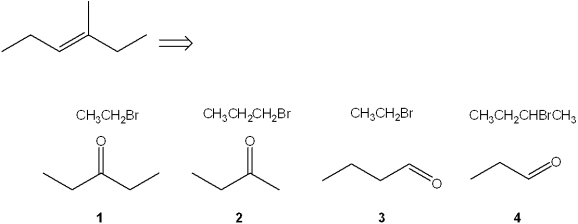 <strong>Which combination(s) of alkyl bromide and carbonyl compound can be used to prepare the following product by reaction of the Wittig reagent derived from the alkyl bromide with the carbonyl compound? </strong> A)only 1 and 2 B)only 2 and 4 C)only 2 and 3 D)only 1, 2 and 3