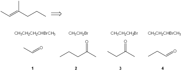 <strong>Which combination(s) of alkyl bromide and carbonyl compound can be used to prepare the following product by reaction of the Wittig reagent derived from the alkyl bromide with the carbonyl compound? </strong> A)only 1 and 2 B)only 1 and 3 C)only 2 and 4 D)only 1, 2 and 3