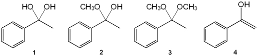 <strong>What is the correct assignment of the names of the following functional groups? </strong> A)1 = enol; 2 = hydrate; 3 = acetal; 4 = hemiacetal B)1 = acetal; 2 = hydrate; 3 = enol; 4 = hemiacetal C)1 = hydrate; 2 = hemiacetal; 3 = acetal; 4 = enol D)1 = enol; 2 = hydrate; 3 = hemiacetal; 4 = enol