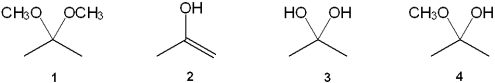 <strong>What is the correct assignment of the names of the following functional groups? </strong> A)1 = acetal; 2 = hydrate; 3 = acetal; 4 = hemiacetal B)1 = acetal; 2 = enol; 3 = hydrate; 4 = hemiacetal C)1 = hydrate; 2 = hemiacetal; 3 = acetal; 4 = enol D)1 = enol; 2 = hydrate; 3 = hemiacetal; 4 = enol