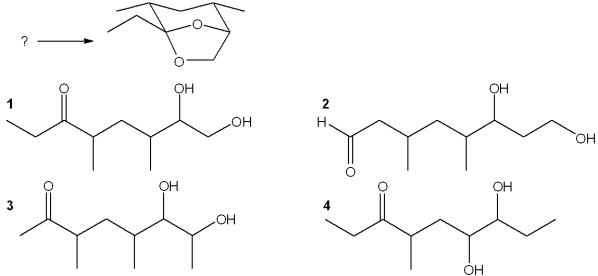 <strong>Which ketone-diol undergoes cyclization to form the following acetal? </strong> A)1 B)2 C)3 D)4
