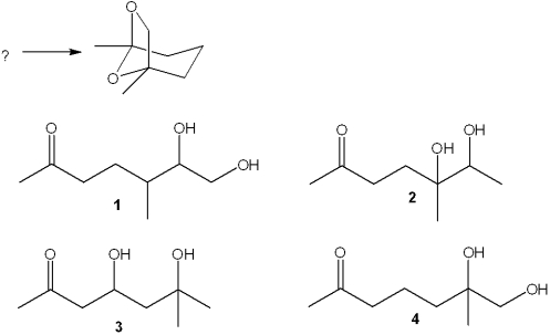 <strong>Which ketone-diol undergoes cyclization to form the following acetal? </strong> A)1 B)2 C)3 D)4