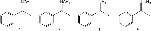 <strong>What is the correct assignment of the names of the following functional groups? </strong> A)1 = imine; 2 = amine; 3 = hydrazone; 4 = oxime B)1 = hydrazone; 2 = amine; 3 = imine; 4 = oxime C)1 = oxime; 2 = imine; 3 = amine; 4 = hydrazone D)1 = imine; 2 = hydrazone; 3 = oxime; 4 = amine