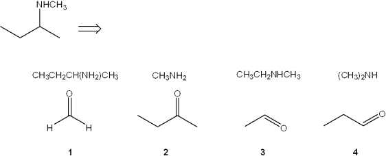 <strong>Which combination(s) of amine and carbonyl compound can be used to prepare the following product by reductive amination? </strong> A)only 1 and 2 B)only 2 and 4 C)only 2 and 3 D)only 1, 2 and 3