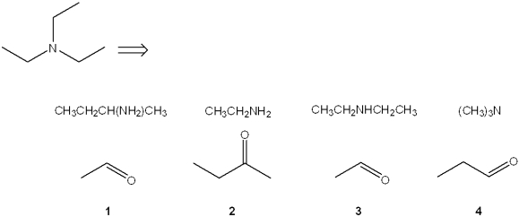<strong>Which combination(s) of amine and carbonyl compound can be used to prepare the following product by reductive amination? </strong> A)only 1 B)only 3 C)only 1 and 3 D)only 1, 2 and 4