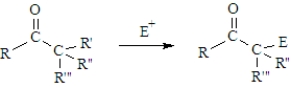 Of the types of reactions that characterize carbonyl groups, the following reaction would be classified as an \alpha substitution.